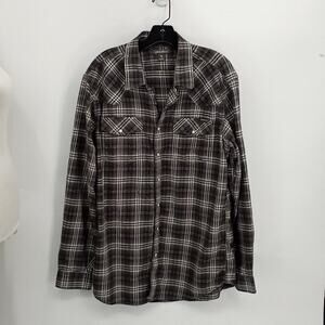 Eddie Bauer Mens Gray & White Plaid Long Sleeve Snap Closure Shirt Size LT